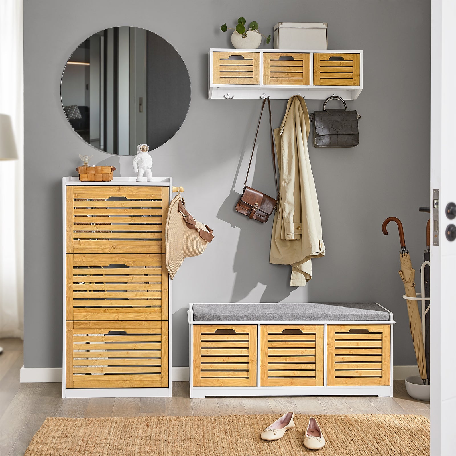 Scarpiera con 3 ribalte Scarpiera con 6 ripiani Portascarpe salvaspazio regolabili Naturale, FSR108-WN