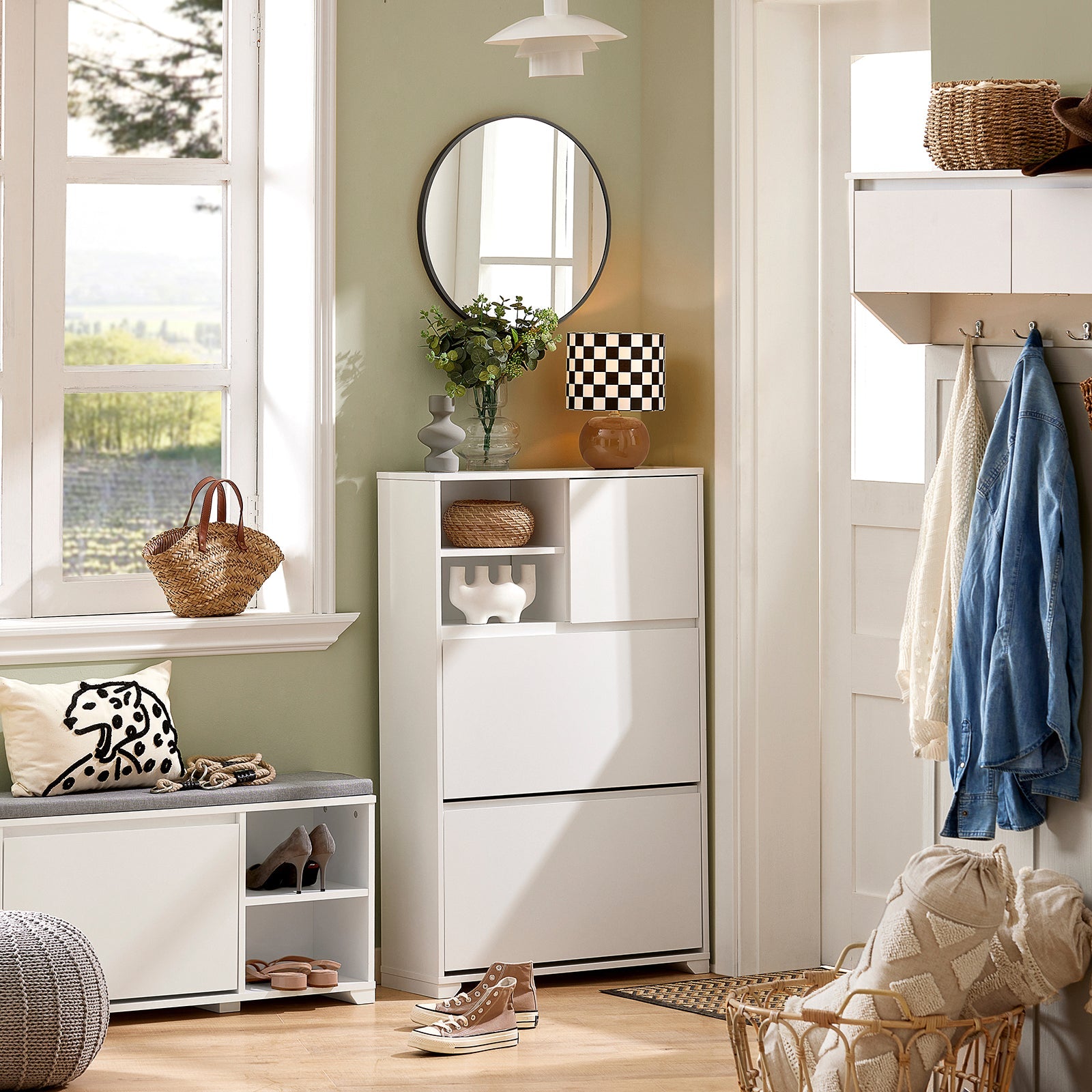 Scarpiera con 2 ribalte, 2 vani a giorno e 1 anta, Portascarpe salvaspazio regolabili bianco FSR111-W