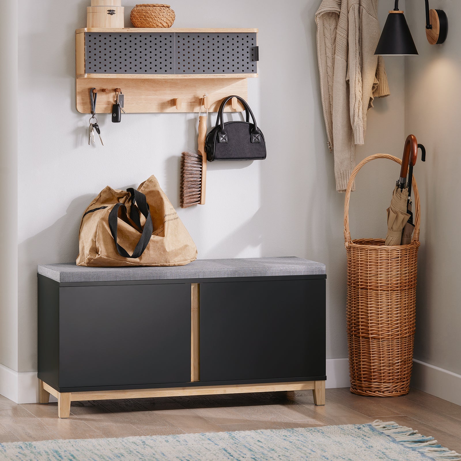 Panca Scarpiera Ingresso Con Seduta, Cassapanca Contenitore Con 2 Ante, 90x34x46cm FSR117-SCH