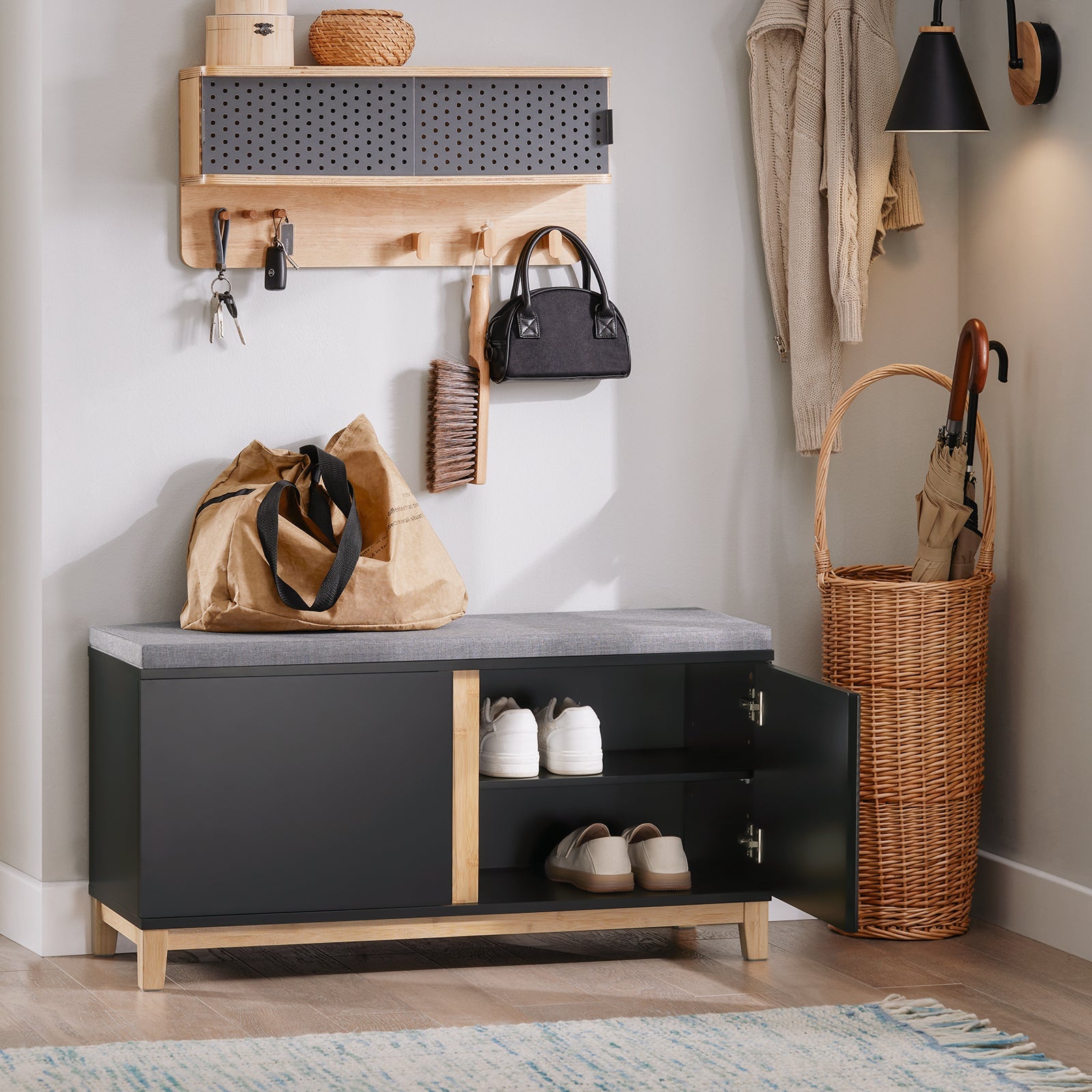 Panca Scarpiera Ingresso Con Seduta, Cassapanca Contenitore Con 2 Ante, 90x34x46cm FSR117-SCH