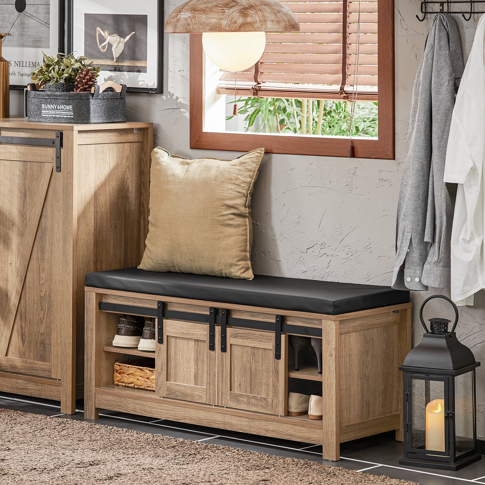 Scarpiera Con Ante Scorrevoli Scarpiera Con Porta Fienile Panca Con Vano Portaoggetti Panca Per Pavimento Marrone Chiaro, L100xP35xA46cm FSR118-BR SoBuy