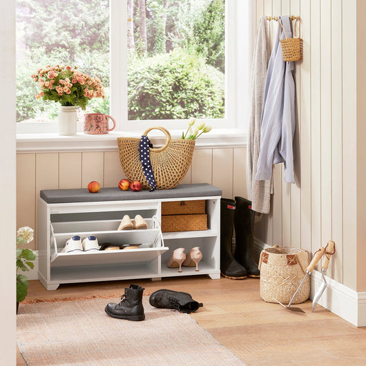 Scarpiera con cuscino Panca con 2 vani portaoggetti Scarpiera salvaspazio Slim, portascarpe salvaspazio Regolabili 90x24x46 cm FSR119-W