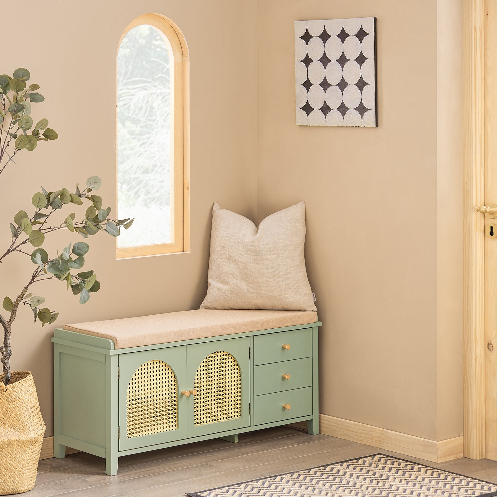 Scarpiera con sedile e ante a traliccio Panca con vano portaoggetti Scarpiera cassettiera Verde 100x34x46cm FSR129-GR SoBuy