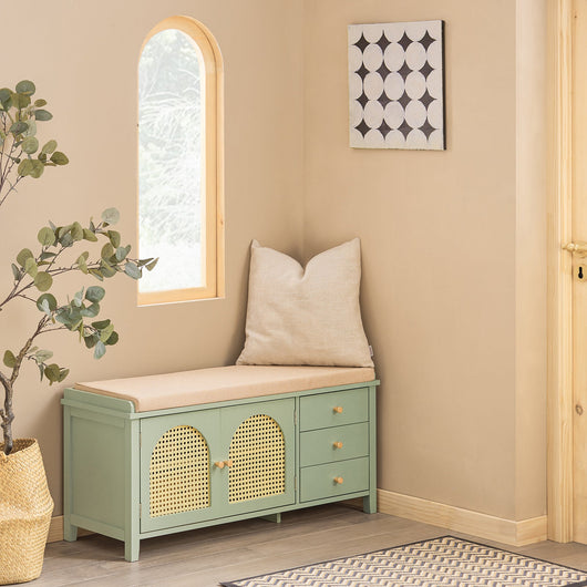 Scarpiera con sedile e ante a traliccio Panca con vano portaoggetti Scarpiera cassettiera Verde 100x34x46cm FSR129-GR SoBuy