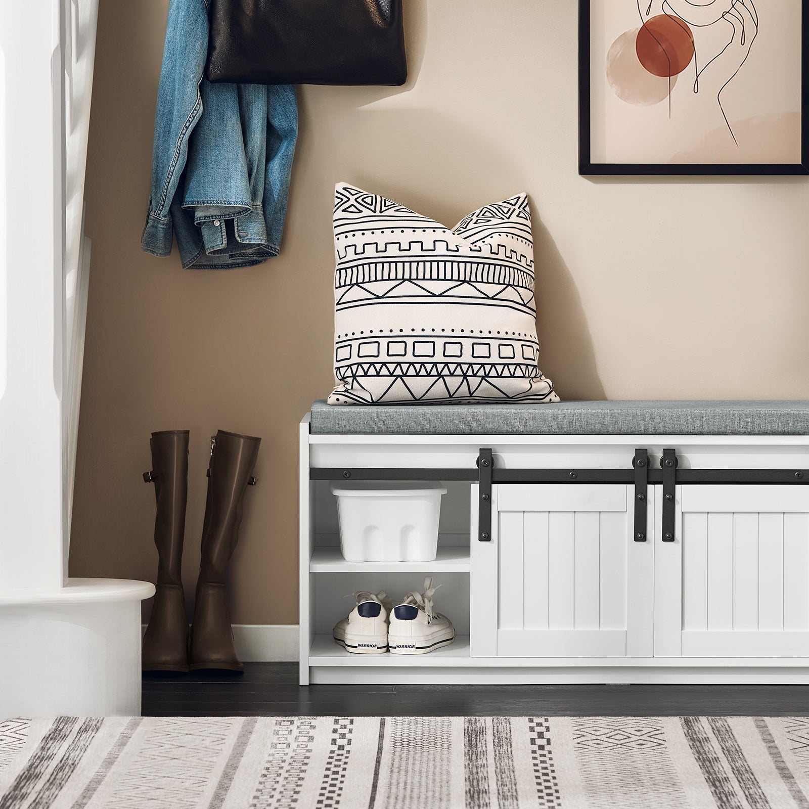 Scarpiera con seduta Panca con vano contenitore scarpiera con ante scorrevoli Bianco 90x35x46cm FSR133-K-W