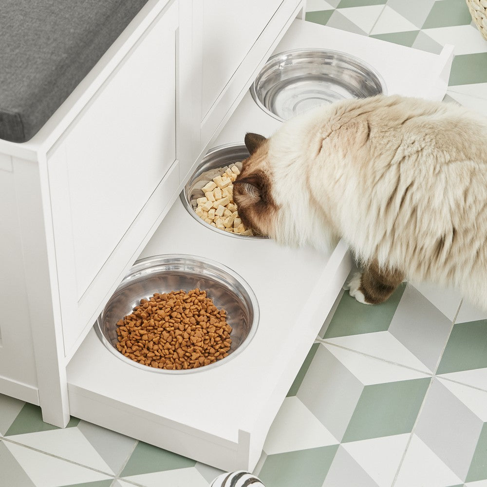 SoBuy Cuccia per gatti con ciotola per gatti in acciaio Inossidabile Panca con seduta Casetta per gatti Bianco 90x36x44cm FSR136-W