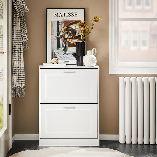 SoBuy Scarpiera Salvaspazio Slim Scarpiera Ingresso a 2 Ribalte - Design Compatto Moderno + Capacità 12 Paia + Adatta a Corridoi Stretti - Bianco 60x25x80cm FSR137-W