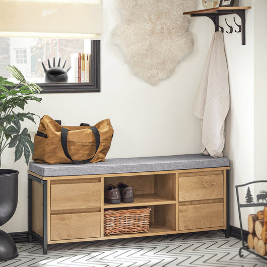 Scarpiera Con 4 Cassetti Panca Con Vano Portaoggetti Panca Ingresso Scarpiera Con Sedile Nero E Naturale 110x35x45cm FSR149-N SoBuy
