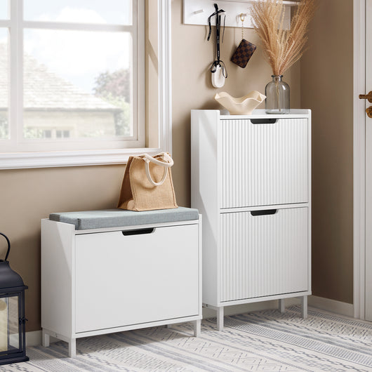 SoBuy Panca Scarpiera da Ingresso - Scarpiera Salvaspazio Slim in Legno, Panca Contenitore con 1 ribalte Scarpiera 2 ripiani, 113kg di Carico, Bianco L60xP24xA52 cm FSR151-K-W