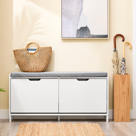 SoBuy Scarpiera Panca Ingresso Salvaspazio Panca Contenitore con Cuscino Imbottito e Struttura in MDF e Ferro, Carico Fino a 250kg, Design Nordic, Bianco e Grigio, 105x24x52 cm, FSR151-L-W