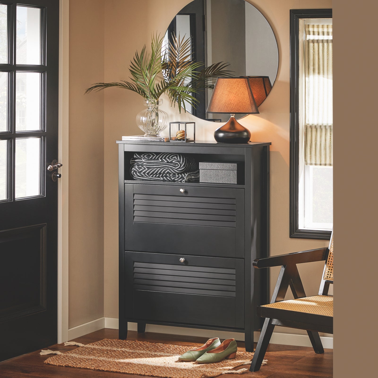 SoBuy Scarpiera con 2 ante e 4 ripiani, con scomparto aggiuntivo per scarpe Scarpiera portascarpe Nero 80x25x108cm FSR152-SCH