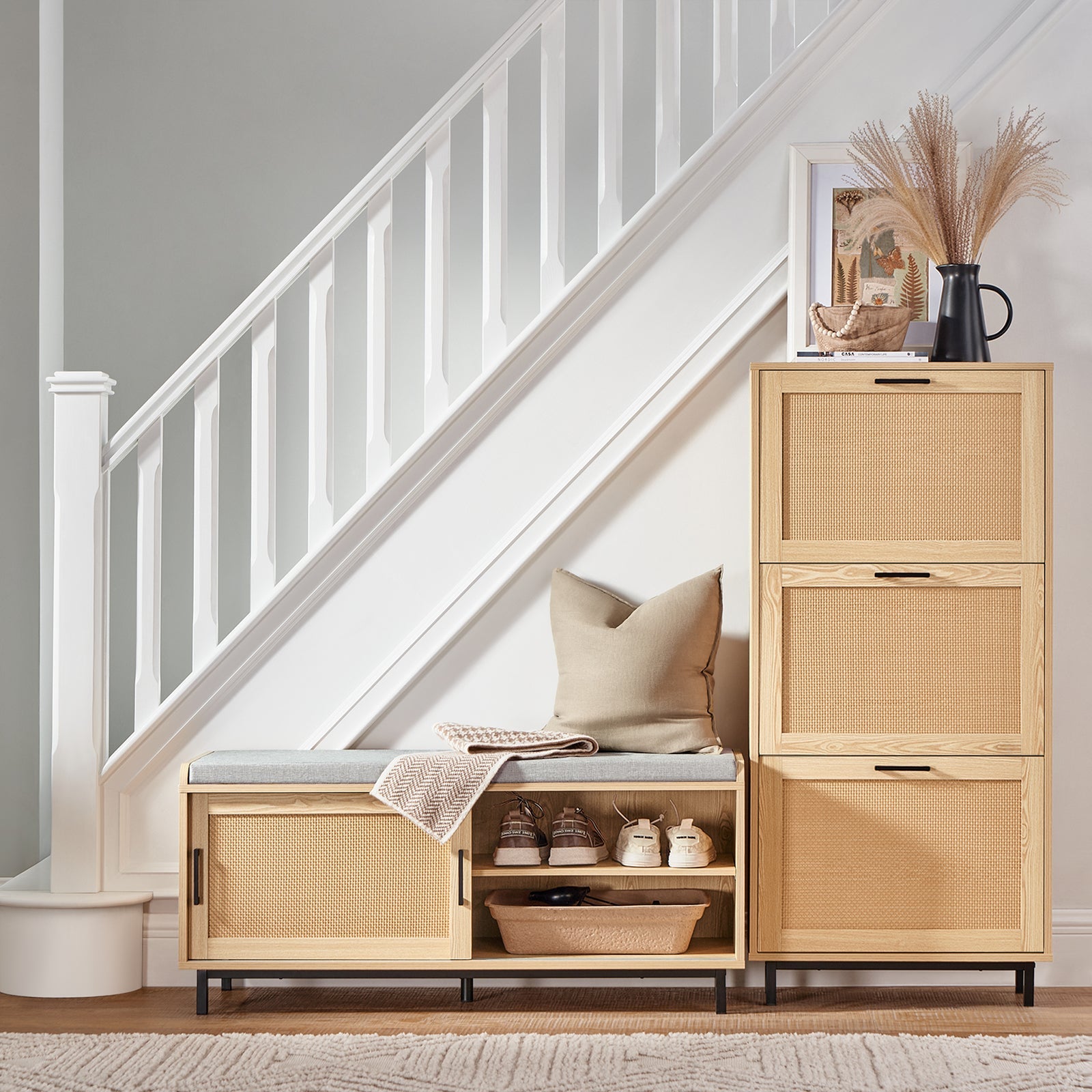 Panca Scarpiera Con 2 Porte Scorrevoli Naturale E Grigio 110x40x49cm FSR154-N