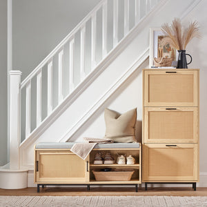 Panca Scarpiera Con 2 Porte Scorrevoli Naturale E Grigio 110x40x49cm FSR154-N