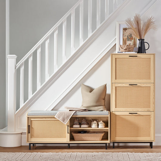 Panca Scarpiera Con 2 Porte Scorrevoli Naturale E Grigio 110x40x49cm FSR154-N