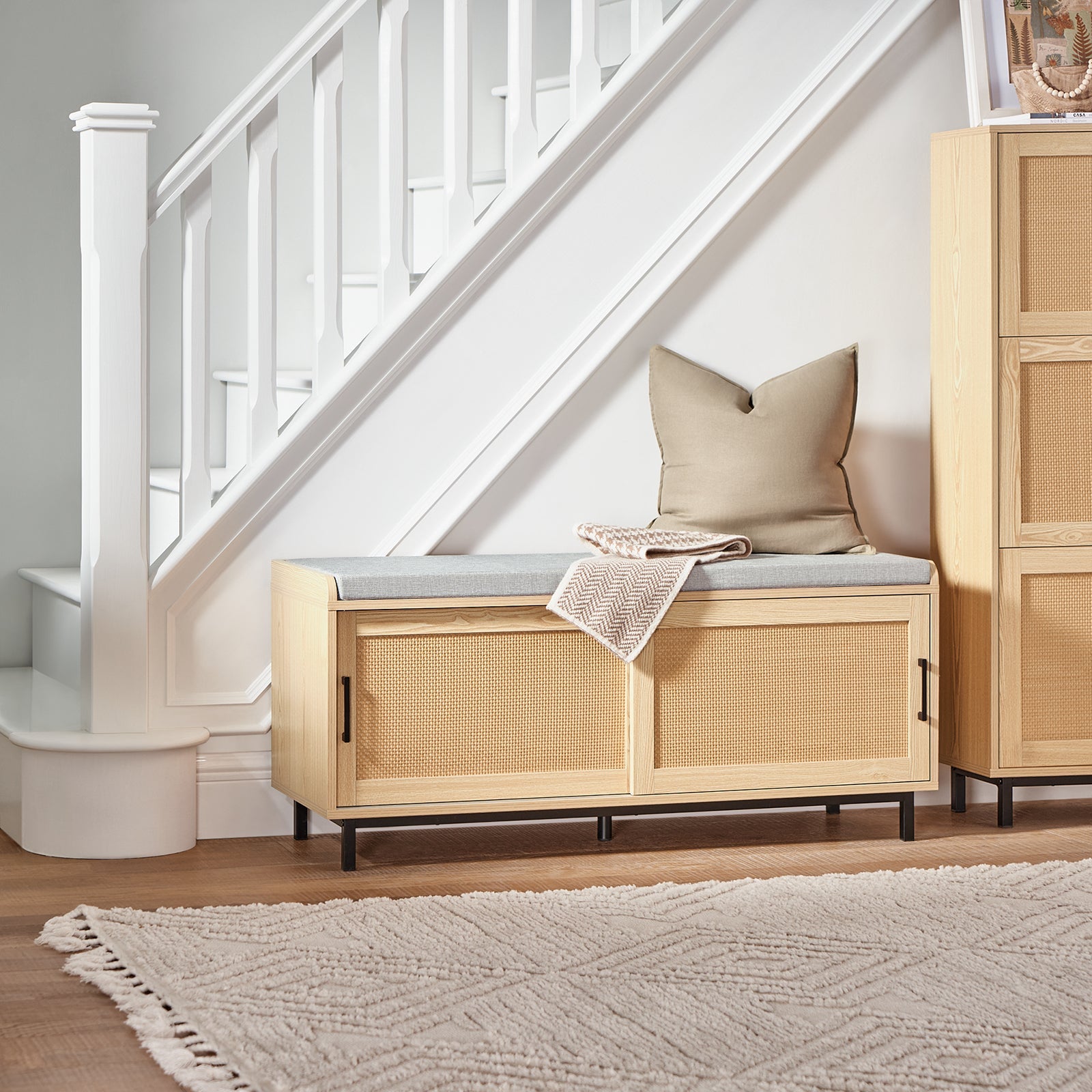 Panca Scarpiera Con 2 Porte Scorrevoli Naturale E Grigio 110x40x49cm FSR154-N