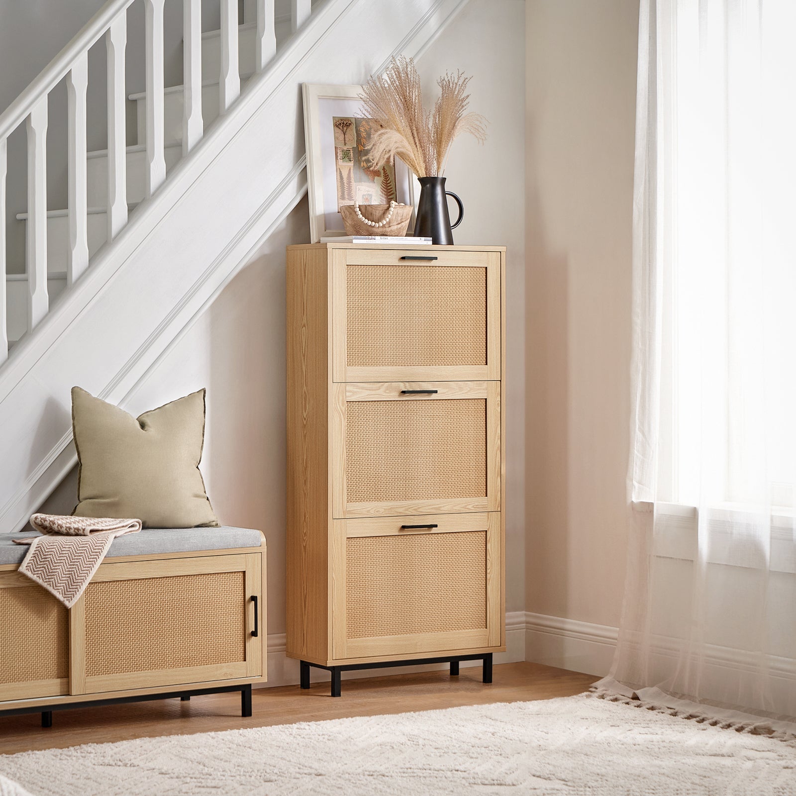 Scarpiera Da Ingresso Con 3 Ante E 6 Ripiani Naturale 60x23.8x127cm FSR155-N