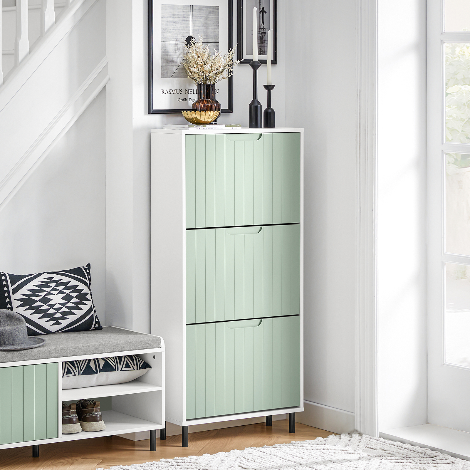 Scarpiera Slim Scarpiera Con 3 Ante E 6 Ripiani Portascarpe Salvaspazio Verde 60x24x127cm FSR157-GR