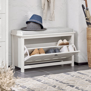 Scarpiera Con 1 Anta E 2 Ripiani Scarpiera Con Vano Portaoggetti Panca Ingresso Portascarpe Con Cuscino Bianco 80x29x50cm FSR161-W