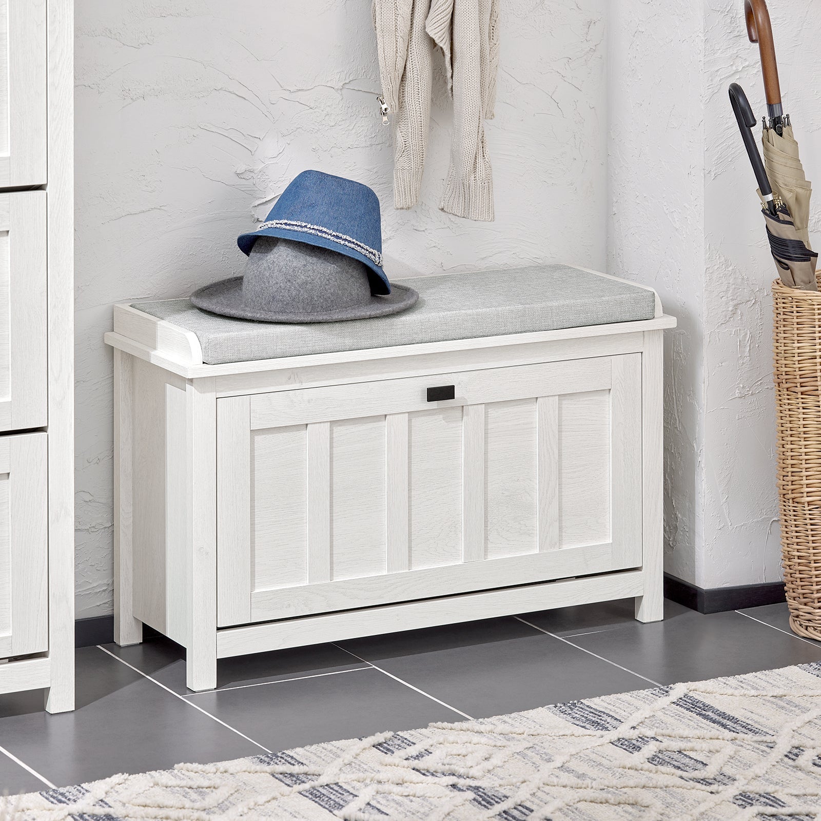 Scarpiera Con 1 Anta E 2 Ripiani Scarpiera Con Vano Portaoggetti Panca Ingresso Portascarpe Con Cuscino Bianco 80x29x50cm FSR161-W