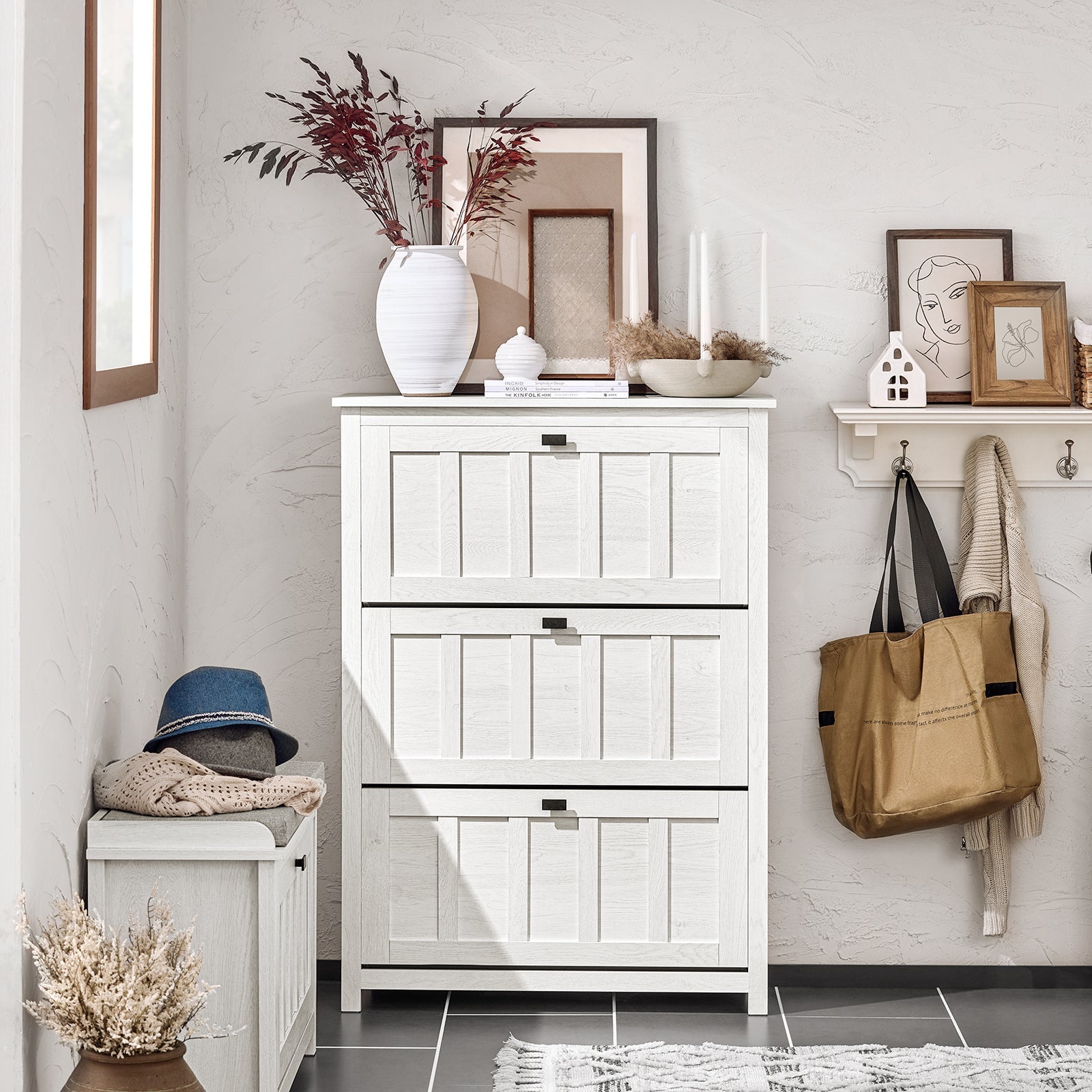 Scarpiera Con 3 Ribalte E 6 Ripiani Scarpiera Con Scomparto Aggiuntivo Portascarpe Salvaspazio Bianco 80x30x111cm FSR162-W