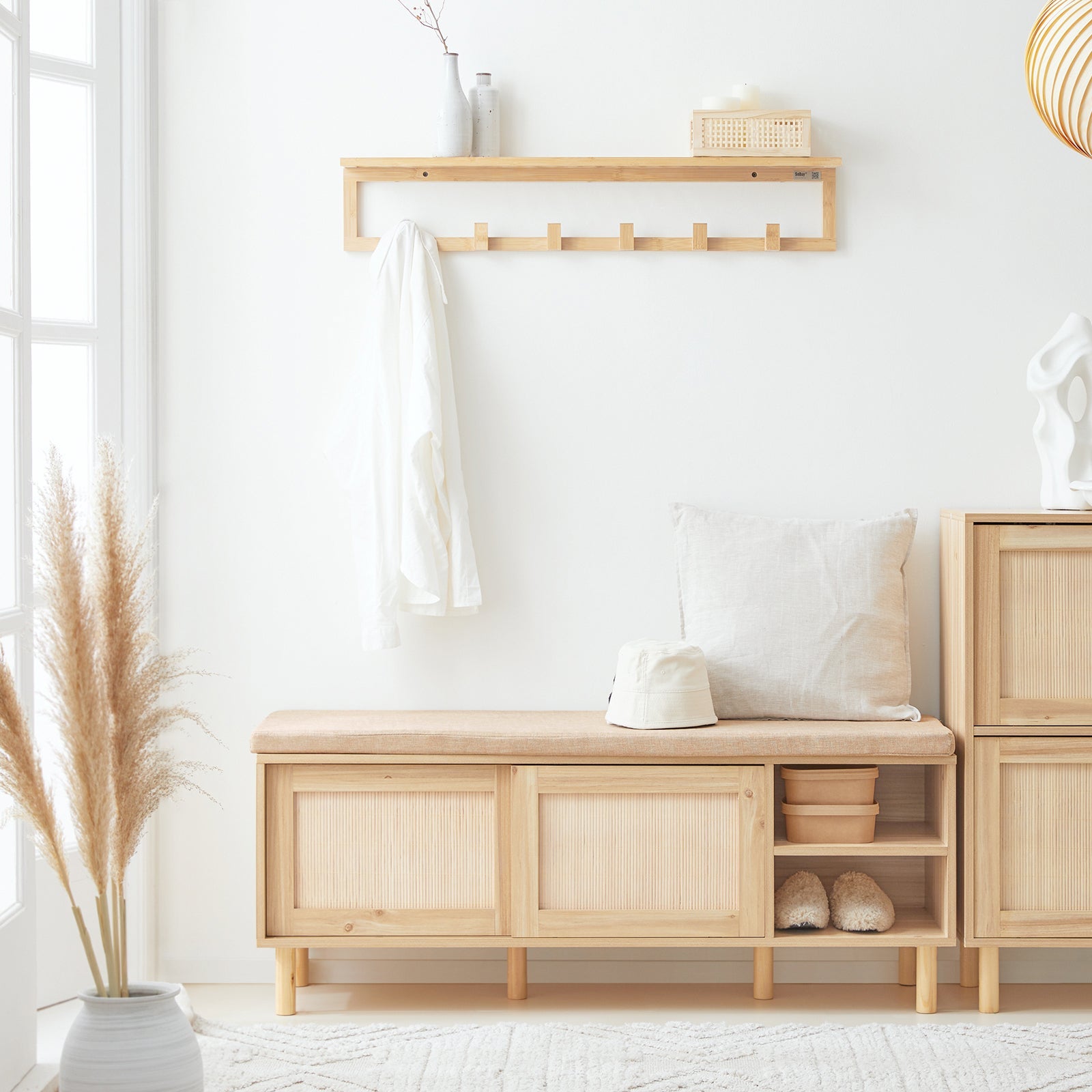 Panca Scarpiera Da Ingresso Con 2 Porte Scorrevoli Naturale 120x35.2x49cm FSR163-N