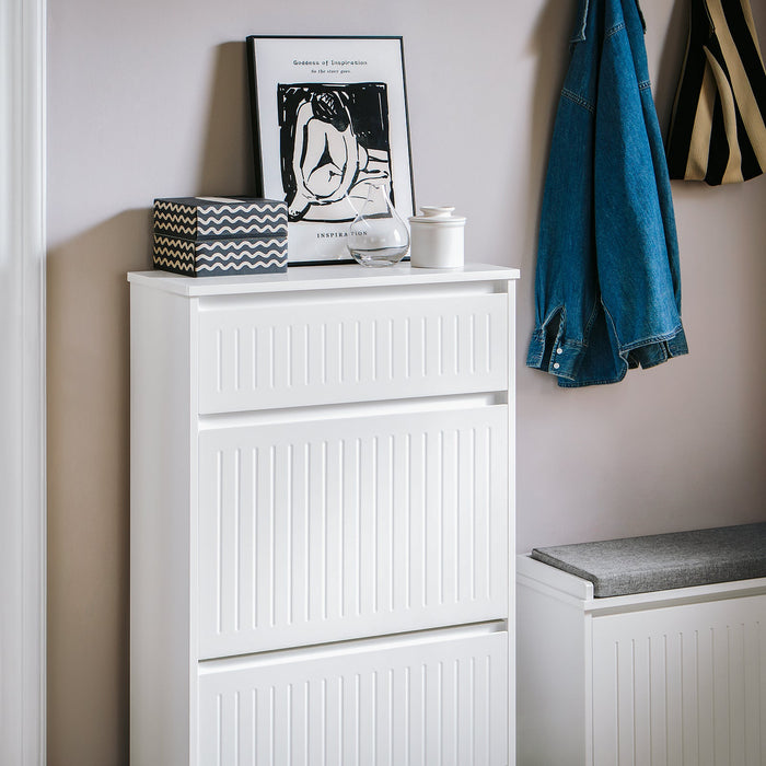 Scarpiera Con 2 Ribalte E 1 Cassetto Scarpiera Con Scomparto Aggiuntivo Portascarpe Salvaspazio Bianco 61x26x100cm FSR165-W