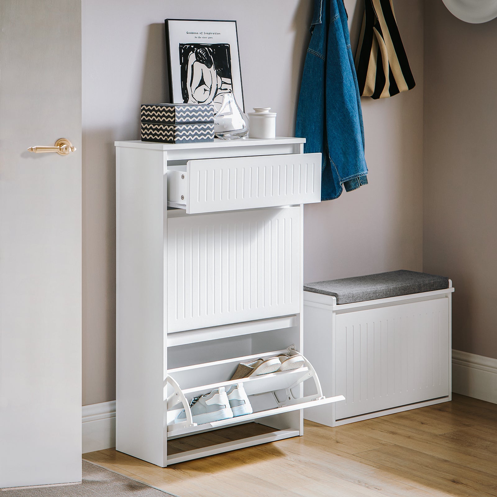 Scarpiera Con 2 Ribalte E 1 Cassetto Scarpiera Con Scomparto Aggiuntivo Portascarpe Salvaspazio Bianco 61x26x100cm FSR165-W