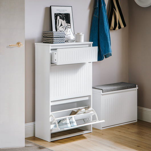 Scarpiera Con 2 Ribalte E 1 Cassetto Scarpiera Con Scomparto Aggiuntivo Portascarpe Salvaspazio Bianco 61x26x100cm FSR165-W