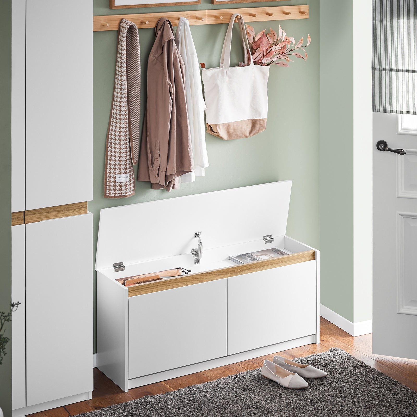 Panca da ingresso con contenitore Scarpiera con patta Bianco 104x30x47cm FSR171-W