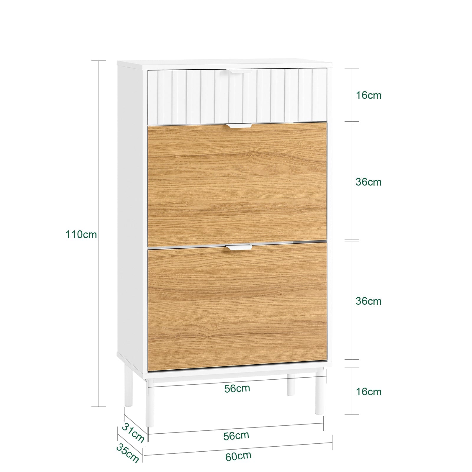 Scarpiera slim, Portascarpe con 2 ribalte e 1 cassetto, Bianco-Naturale 60x35x110cm FSR174-WN