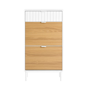 Scarpiera slim, Portascarpe con 2 ribalte e 1 cassetto, Bianco-Naturale 60x35x110cm FSR174-WN