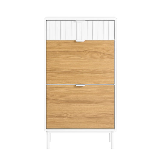 Scarpiera slim, Portascarpe con 2 ribalte e 1 cassetto, Bianco-Naturale 60x35x110cm FSR174-WN