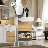 Scarpiera slim, Portascarpe con 2 ribalte e 1 cassetto, Bianco-Naturale 60x35x110cm FSR174-WN