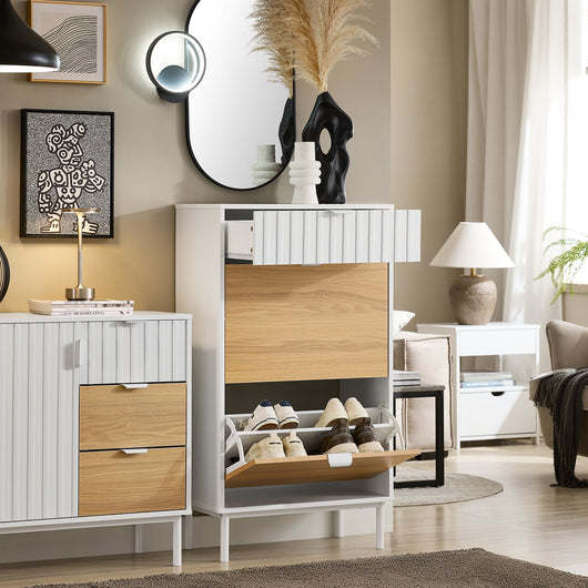 Scarpiera slim, Portascarpe con 2 ribalte e 1 cassetto, Bianco-Naturale 60x35x110cm FSR174-WN