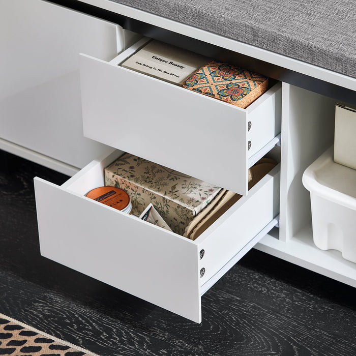 Scarpiera con 2 ante e 2 cassetti, Panca con vano portaoggetti, Panca ingresso, Scarpiera con sedile, Bianco 110x35x42cm FSR176-W