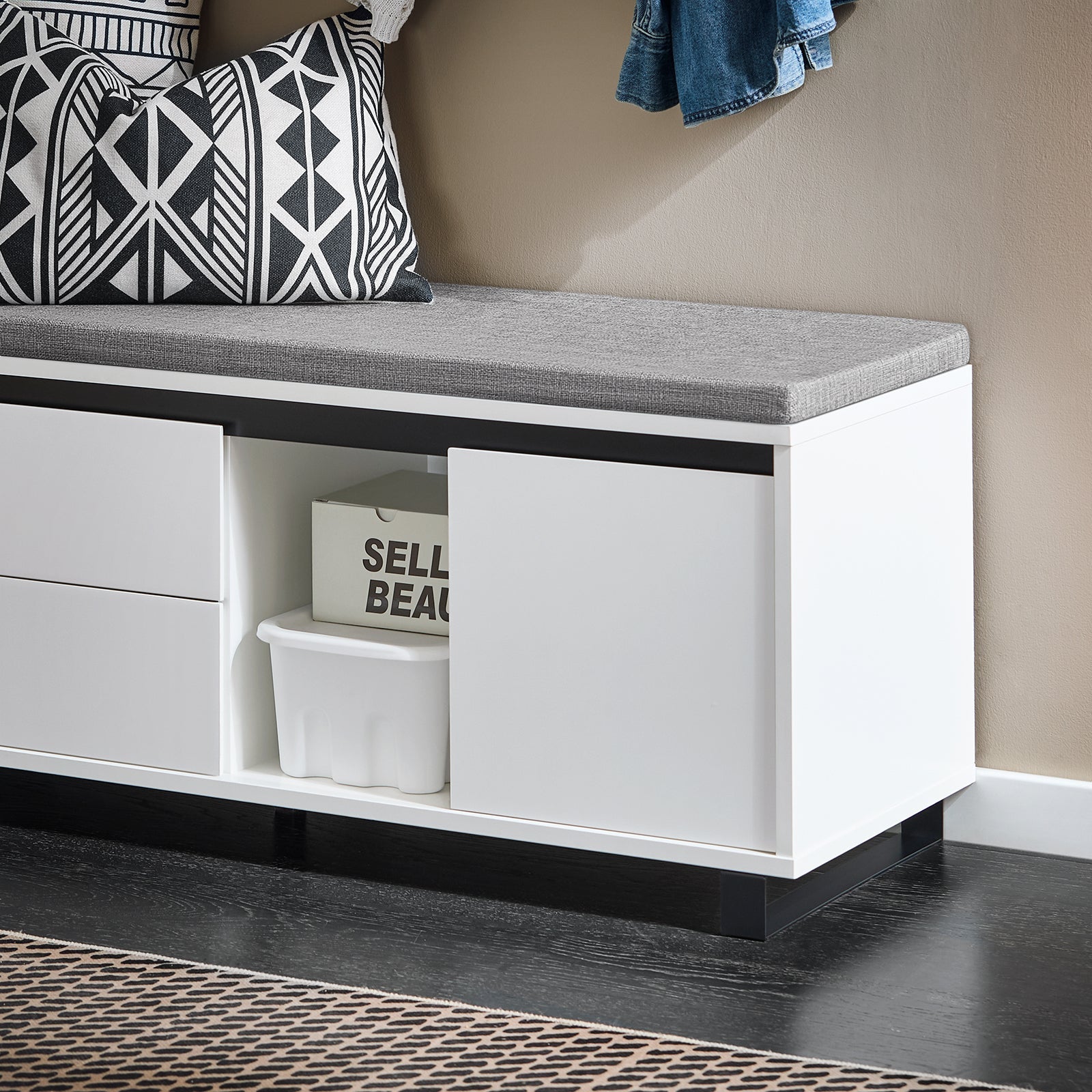 Scarpiera con 2 ante e 2 cassetti, Panca con vano portaoggetti, Panca ingresso, Scarpiera con sedile, Bianco 110x35x42cm FSR176-W