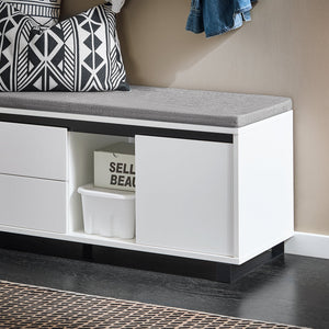 Scarpiera con 2 ante e 2 cassetti, Panca con vano portaoggetti, Panca ingresso, Scarpiera con sedile, Bianco 110x35x42cm FSR176-W