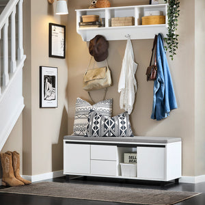 Scarpiera con 2 ante e 2 cassetti, Panca con vano portaoggetti, Panca ingresso, Scarpiera con sedile, Bianco 110x35x42cm FSR176-W