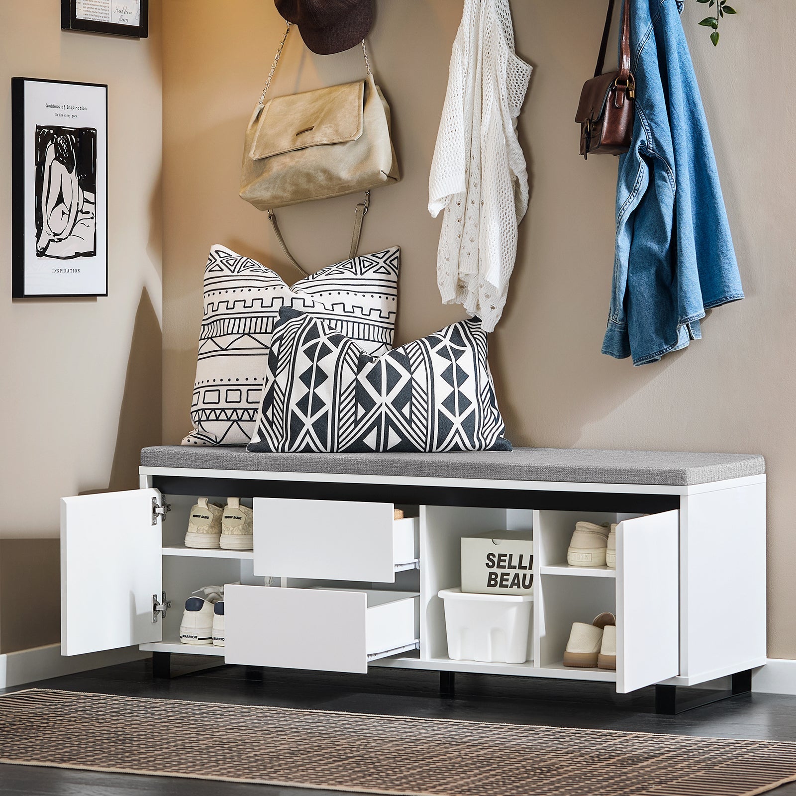 Scarpiera con 2 ante e 2 cassetti, Panca con vano portaoggetti, Panca ingresso, Scarpiera con sedile, Bianco 110x35x42cm FSR176-W