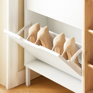 SoBuy Scarpiera con 4 ribalte Scarpiera stretta con 3 ripiani Cassettiera per scarpe Bianco e Naturale 126x19x85 cm FSR183-WN