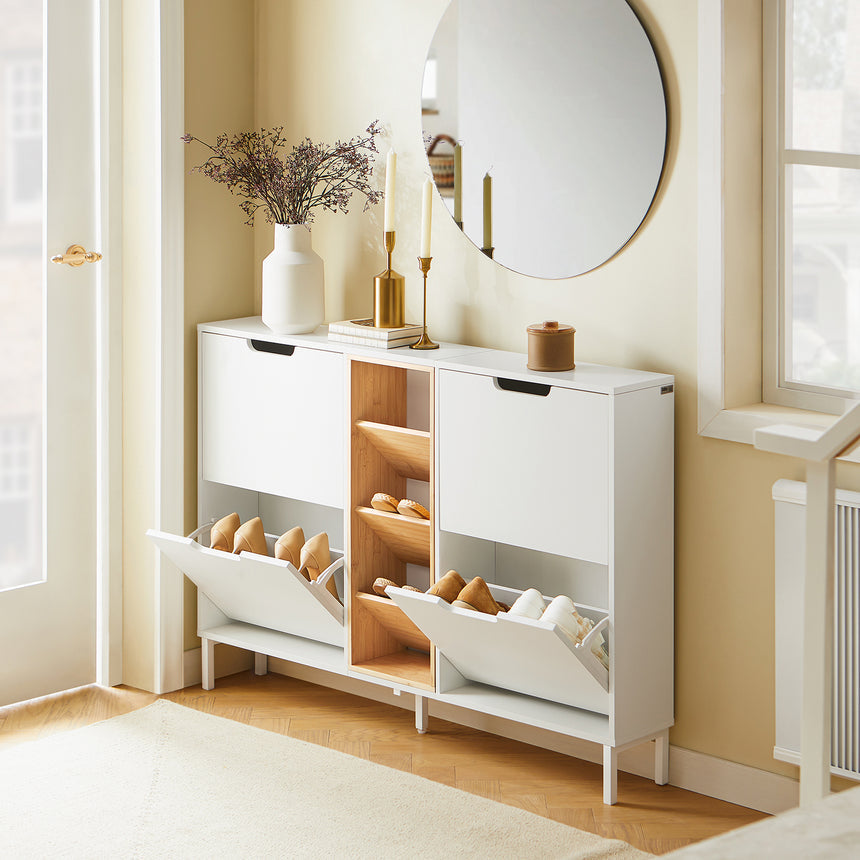 SoBuy Scarpiera con 4 ribalte Scarpiera stretta con 3 ripiani Cassettiera per scarpe Bianco e Naturale 126x19x85 cm FSR183-WN