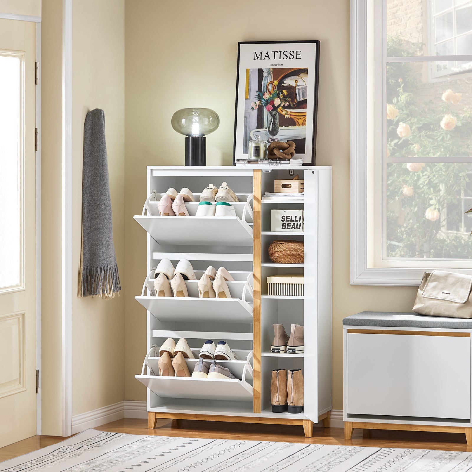 SoBuy Scarpiera con 3 ante Scarpiera stretta con 6 ripiani Cassettiera per scarpe Bianco-Naturale 86x34x122 cm FSR189-WN