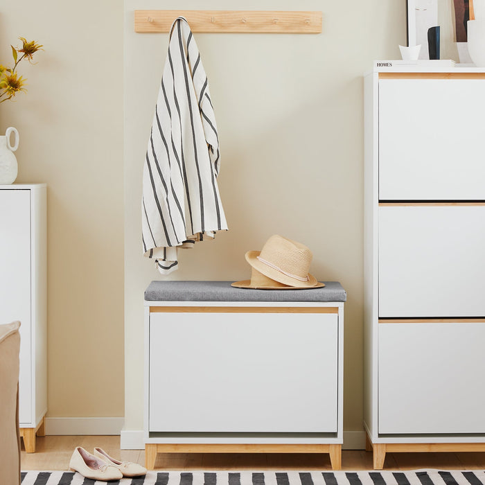 SoBuy Scarpiera con Ribalta Scarpiera con Panca Imbottita, Scarpiera Salvaspazio, Mobile da Ingresso, Bianco-Naturale, 60x34x55 cm FSR191-WN