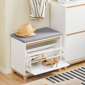 SoBuy Scarpiera con Ribalta Scarpiera con Panca Imbottita, Scarpiera Salvaspazio, Mobile da Ingresso, Bianco-Naturale, 60x34x55 cm FSR191-WN