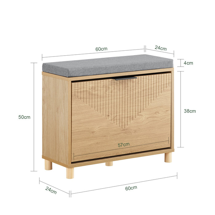 SoBuy Scarpiera Panca Ingresso Scarpiera Salvaspazio Slim con Cuscino - Panca Contenitore con Ribalta per Scarpe - Adatta a Ingresso, Corridoio - Legno Chiaro e Grigio, 60x24x50cm, FSR199-N