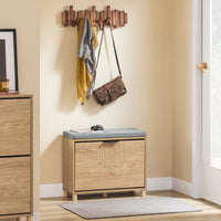 SoBuy Scarpiera Panca Ingresso Scarpiera Salvaspazio Slim con Cuscino - Panca Contenitore con Ribalta per Scarpe - Adatta a Ingresso, Corridoio - Legno Chiaro e Grigio, 60x24x50cm, FSR199-N