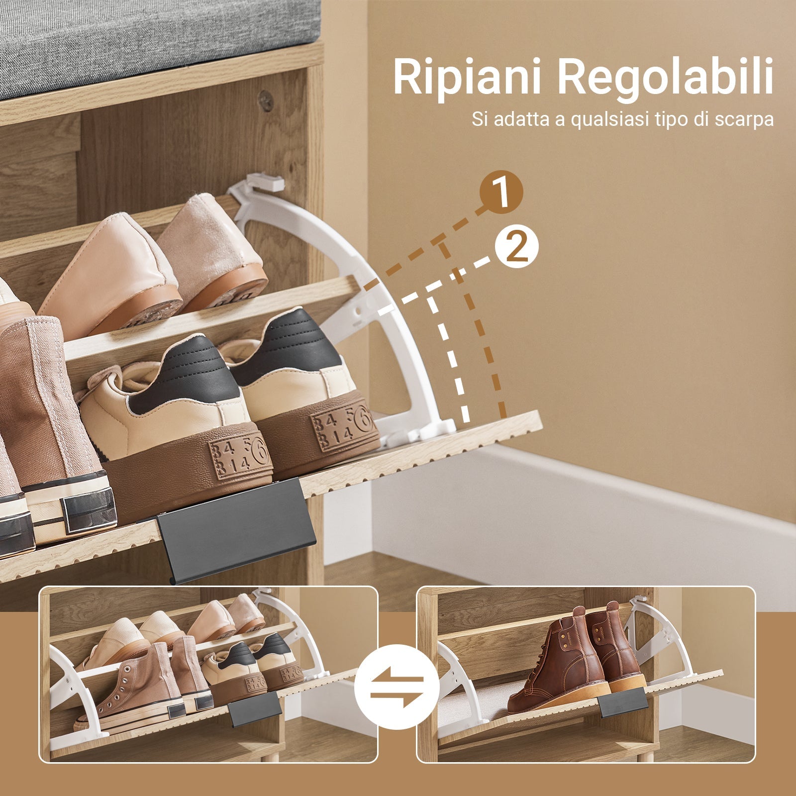 SoBuy Scarpiera Panca Ingresso Scarpiera Salvaspazio Slim con Cuscino - Panca Contenitore con Ribalta per Scarpe - Adatta a Ingresso, Corridoio - Legno Chiaro e Grigio, 60x24x50cm, FSR199-N