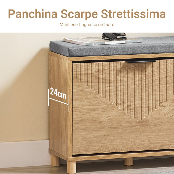 SoBuy Scarpiera Panca Ingresso Scarpiera Salvaspazio Slim con Cuscino - Panca Contenitore con Ribalta per Scarpe - Adatta a Ingresso, Corridoio - Legno Chiaro e Grigio, 60x24x50cm, FSR199-N