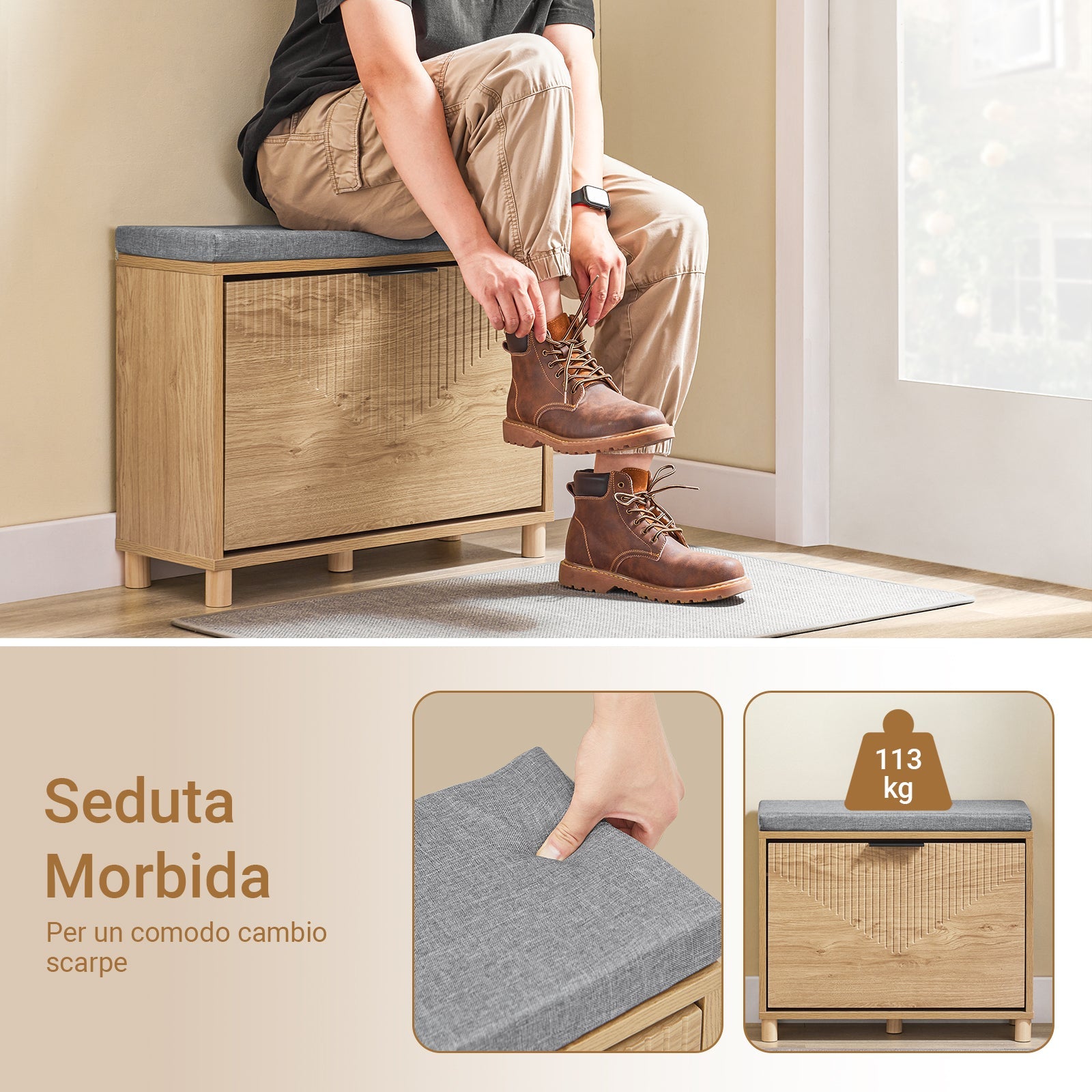 SoBuy Scarpiera Panca Ingresso Scarpiera Salvaspazio Slim con Cuscino - Panca Contenitore con Ribalta per Scarpe - Adatta a Ingresso, Corridoio - Legno Chiaro e Grigio, 60x24x50cm, FSR199-N