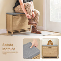 SoBuy Scarpiera Panca Ingresso Scarpiera Salvaspazio Slim con Cuscino - Panca Contenitore con Ribalta per Scarpe - Adatta a Ingresso, Corridoio - Legno Chiaro e Grigio, 60x24x50cm, FSR199-N